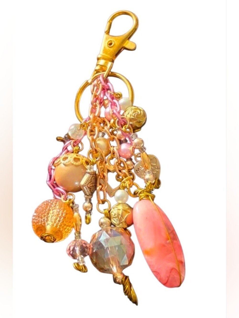 Pink & Gold Beaded Key/Purse Charm Card Holder Accessory One Of A Kind Handmade